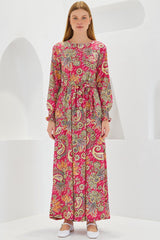 Mavi Krem Desenli Örme Tesettür Elbise 1525