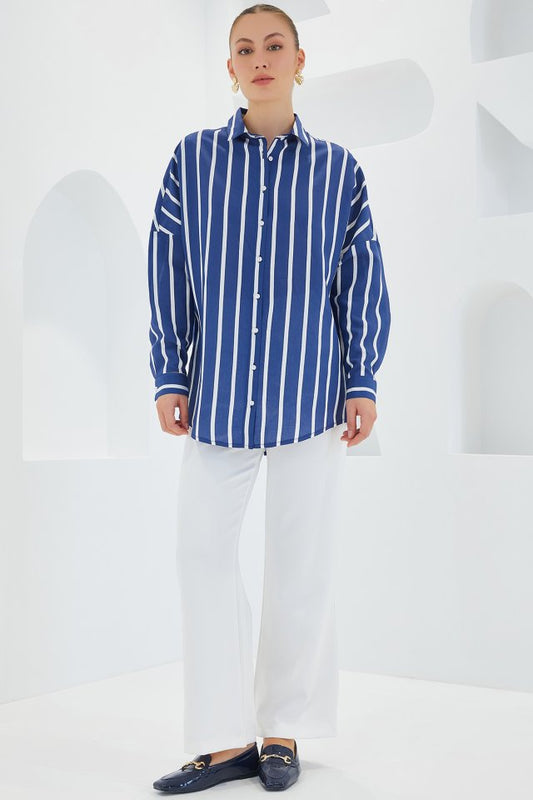 Lacivert Beyaz Çizgili Oversize Basic Gömlek 20254