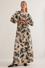 Mavi Krem Desenli Örme Tesettür Elbise 1525