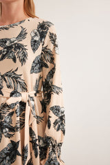 Mavi Krem Desenli Örme Tesettür Elbise 1525