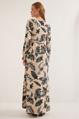 Mavi Krem Desenli Örme Tesettür Elbise 1525