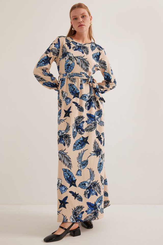 Mavi Krem Desenli Örme Tesettür Elbise 1525