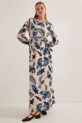 Mavi Krem Desenli Örme Tesettür Elbise 1525