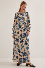 Mavi Krem Desenli Örme Tesettür Elbise 1525