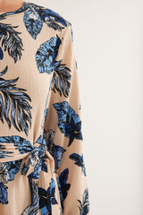 Mavi Krem Desenli Örme Tesettür Elbise 1525