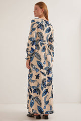 Mavi Krem Desenli Örme Tesettür Elbise 1525