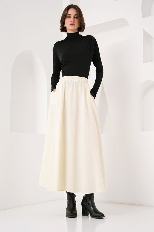 Cep Detaylı Uzun Etek 8024 - Krem