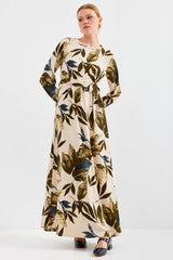 Mavi Krem Desenli Örme Tesettür Elbise 1525