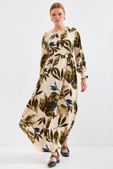 Mavi Krem Desenli Örme Tesettür Elbise 1525