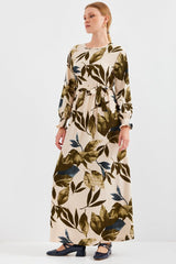 Mavi Krem Desenli Örme Tesettür Elbise 1525