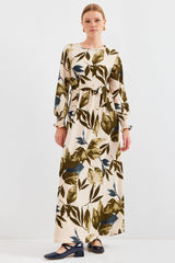 Mavi Krem Desenli Örme Tesettür Elbise 1525