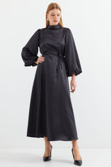 2510 Saten Tesettür Abiye Elbise - Zümrüt Yeşili