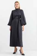 2510 Saten Tesettür Abiye Elbise - Zümrüt Yeşili