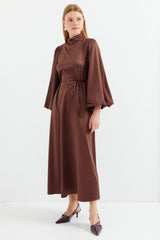 2510 Saten Tesettür Abiye Elbise - Zümrüt Yeşili