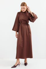 2510 Saten Tesettür Abiye Elbise - Zümrüt Yeşili