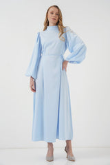 2510 Saten Tesettür Abiye Elbise - Zümrüt Yeşili