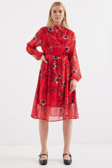 2459 Astarlı Desenli Tül Elbise - Ekru