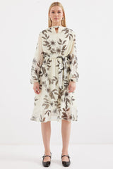 2459 Astarlı Desenli Tül Elbise - Ekru