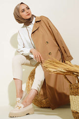 T5853 Kruvaze Yaka Tesettür Trençkot - Taba