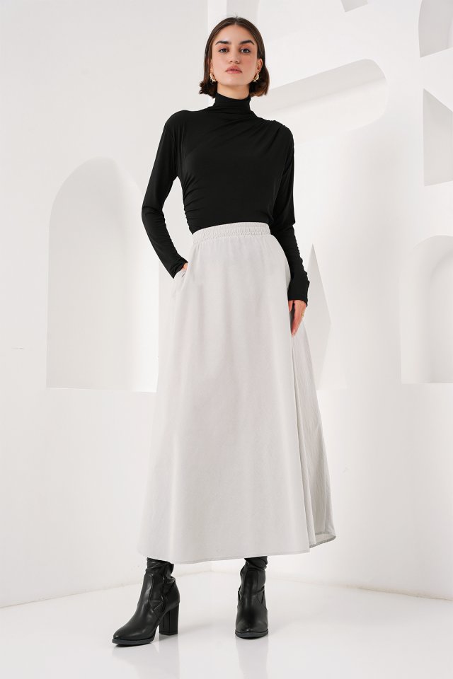 Cep Detaylı Uzun Etek 8024 - Krem