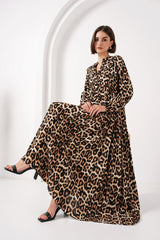 Fuşya Krem Desenli Viskon Tesettür Elbise 2423