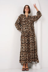 Fuşya Krem Desenli Viskon Tesettür Elbise 2423