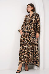 Fuşya Krem Desenli Viskon Tesettür Elbise 2423