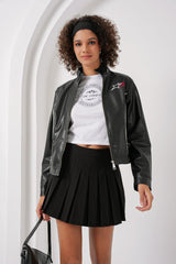 1041 Dik Yaka Suni Deri Ceket - Siyah