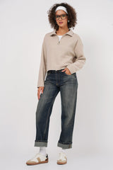 55449 Fermuarlı Yaka Örme Sweatshirt - İndigo