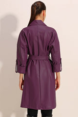 1034 Kuşaklı Suni Deri Trençkot - Mürdüm