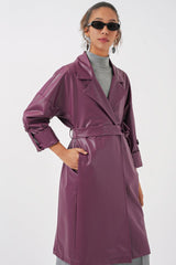 1034 Kuşaklı Suni Deri Trençkot - Mürdüm