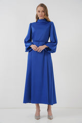 2510 Saten Tesettür Abiye Elbise - Zümrüt Yeşili