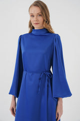 2510 Saten Tesettür Abiye Elbise - Zümrüt Yeşili