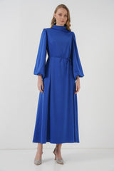 2510 Saten Tesettür Abiye Elbise - Zümrüt Yeşili