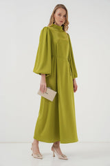 2510 Saten Tesettür Abiye Elbise - Zümrüt Yeşili