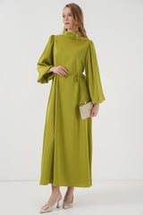 2510 Saten Tesettür Abiye Elbise - Zümrüt Yeşili