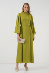 2510 Saten Tesettür Abiye Elbise - Zümrüt Yeşili