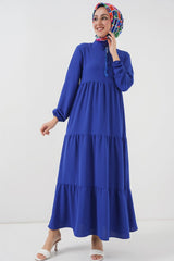 1627 Yaka Bağcıklı Tesettür Elbise - Gri