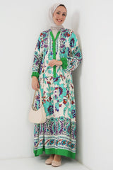 Fuşya Krem Desenli Viskon Tesettür Elbise 2423