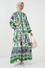 Fuşya Krem Desenli Viskon Tesettür Elbise 2423