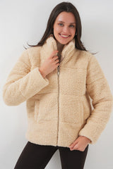 5178 Astarlı Peluş Mont - Beyaz