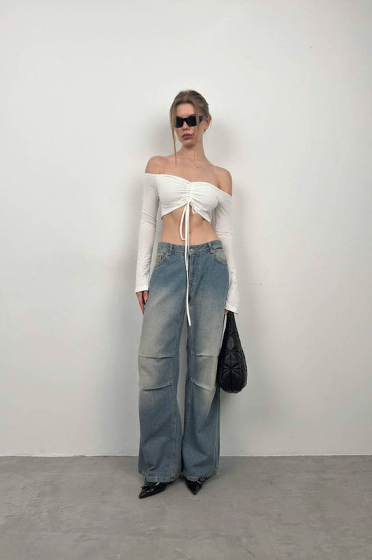 Kayık Yaka Asansörlü Bluz