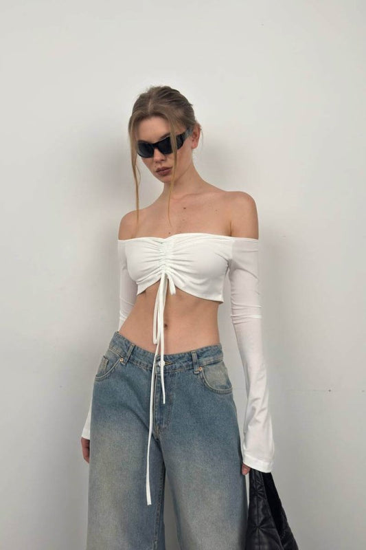 Kayık Yaka Asansörlü Bluz