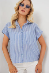 Çizgili Kısa Kol Gömlek 20324 - Açık Mavi