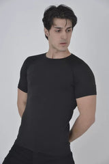 Erkek Omuz Fileli Slim Fit T-shirt - Siyah