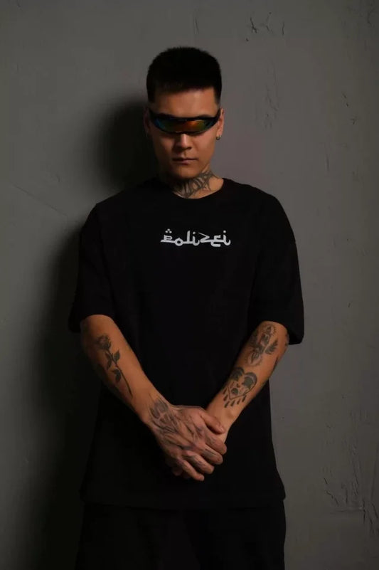 Erkek Bisiklet Yakalı Sırt Baskılı Oversize T-Shirt - Siyah