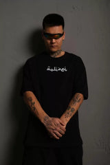 Erkek Bisiklet Yakalı Sırt Baskılı Oversize T-Shirt - Siyah