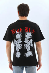 Unisex Oversize Baskılı Bisiklet Yaka T-Shirt - Siyah