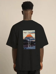 Unisex Bisiklet Yaka Baskılı Oversize T-Shirt - Siyah