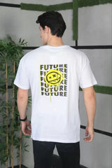 Unisex Bisiklet Yaka Baskılı Oversize T-Shirt - Beyaz